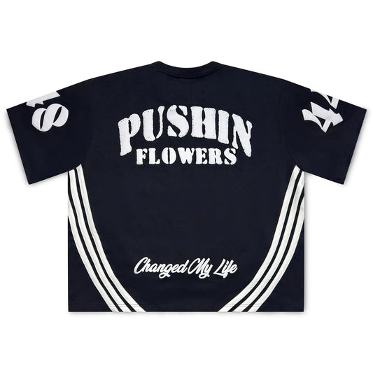Pushin Flowers striped shirt bold side stripe detail