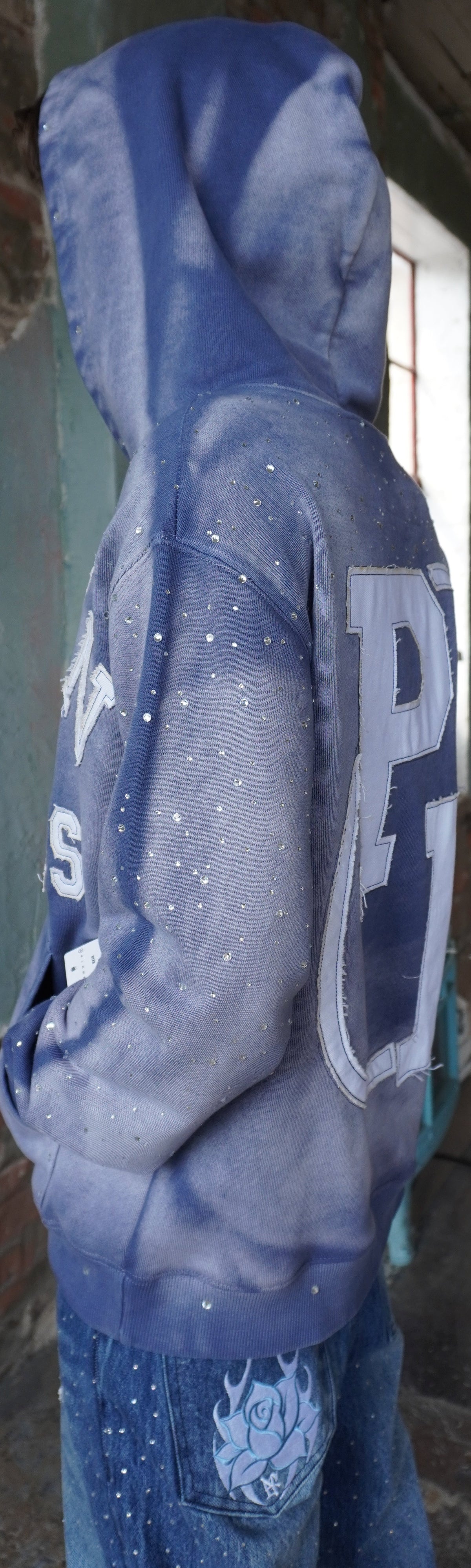 Pushin Flowers rhinestone patch hoodie – premium streetwear pullover, full outfit view
