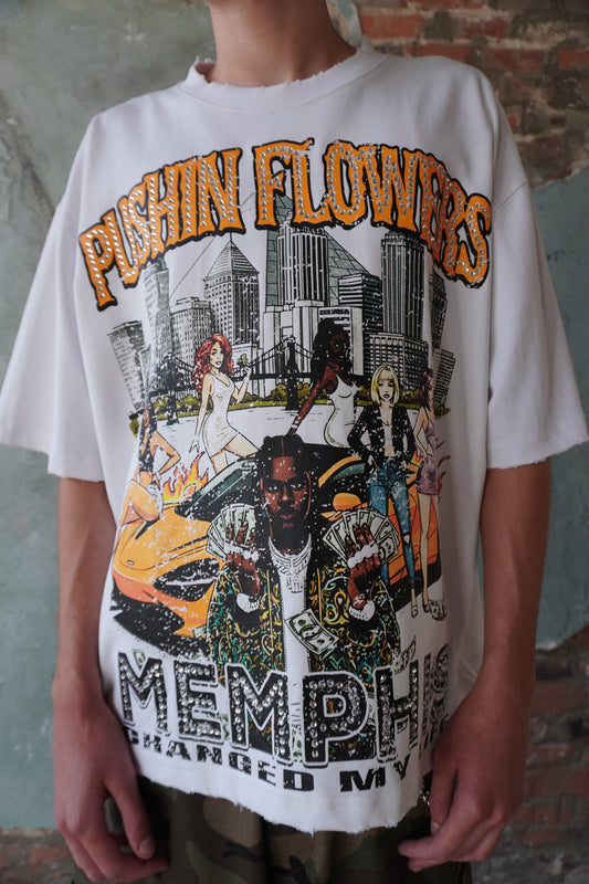Pushin Flowers Memphis graphic tee – PF City Series streetwear, model wearing, full-length
