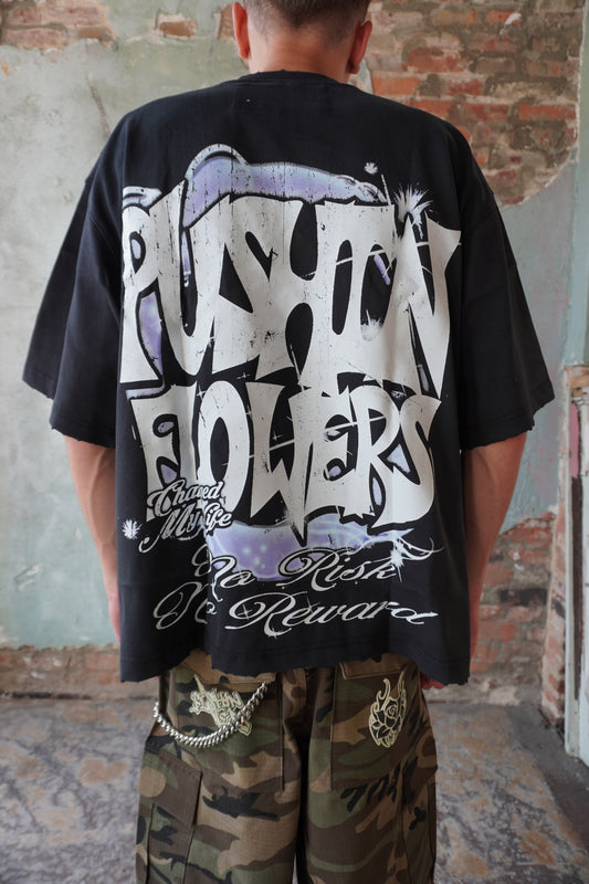 Pushin Flowers New York graphic tee – PF City Series streetwear, model wearing, full-length