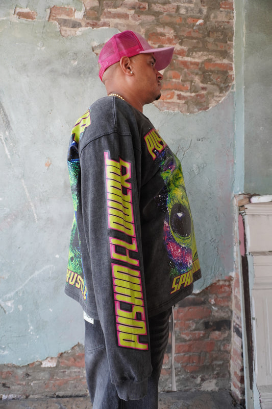 Pushin Flowers Spacetour graphic long sleeve, Galactic Hustle – PF streetwear, model wearing, full-length