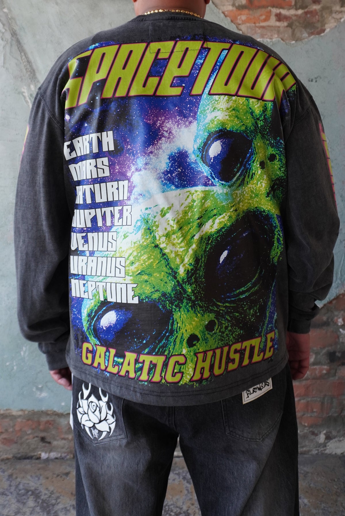 Pushin Flowers Spacetour graphic long sleeve, Galactic Hustle – PF streetwear, angled drop-shoulder fit
