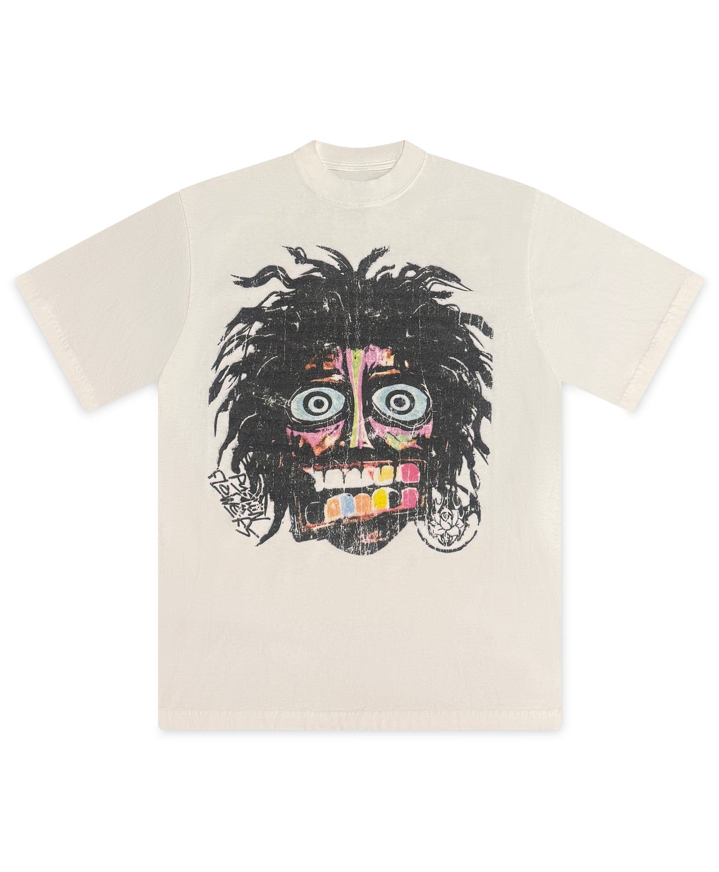 Pushin Flowers Crash Out tee in Vintage White garment dye laid flat, full front graphic visible