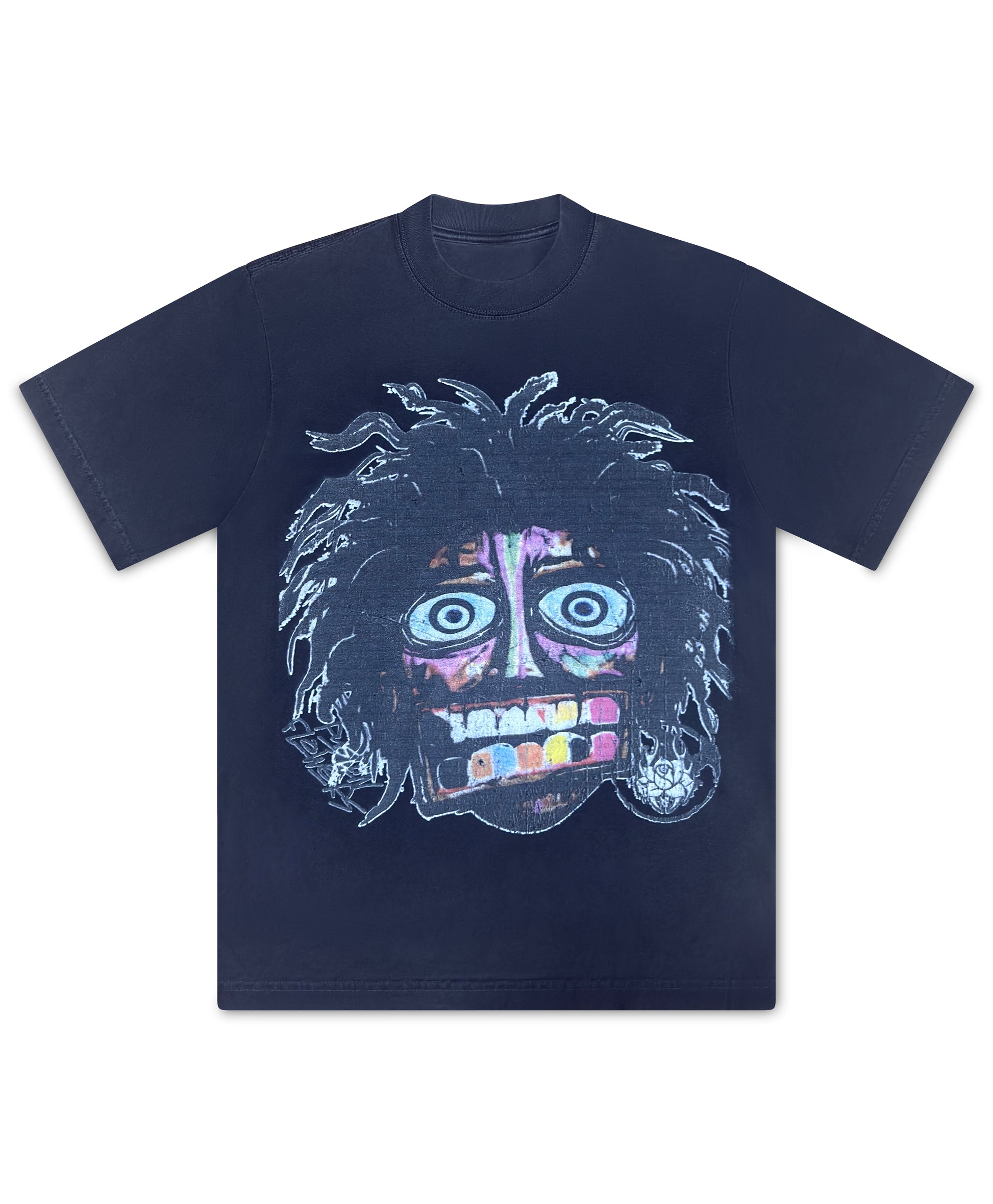 Pushin Flowers Crash Out tee in Shadow Gray laid flat, full front graphic visible
