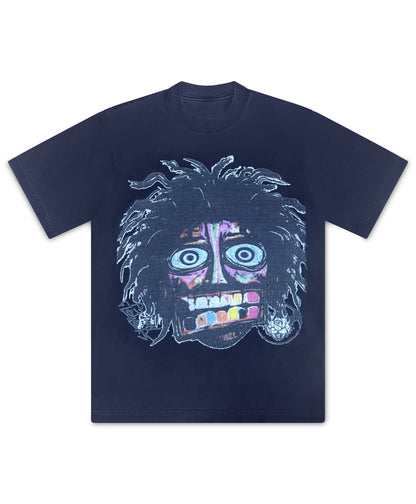 Pushin Flowers Crash Out tee in Shadow Gray laid flat, full front graphic visible