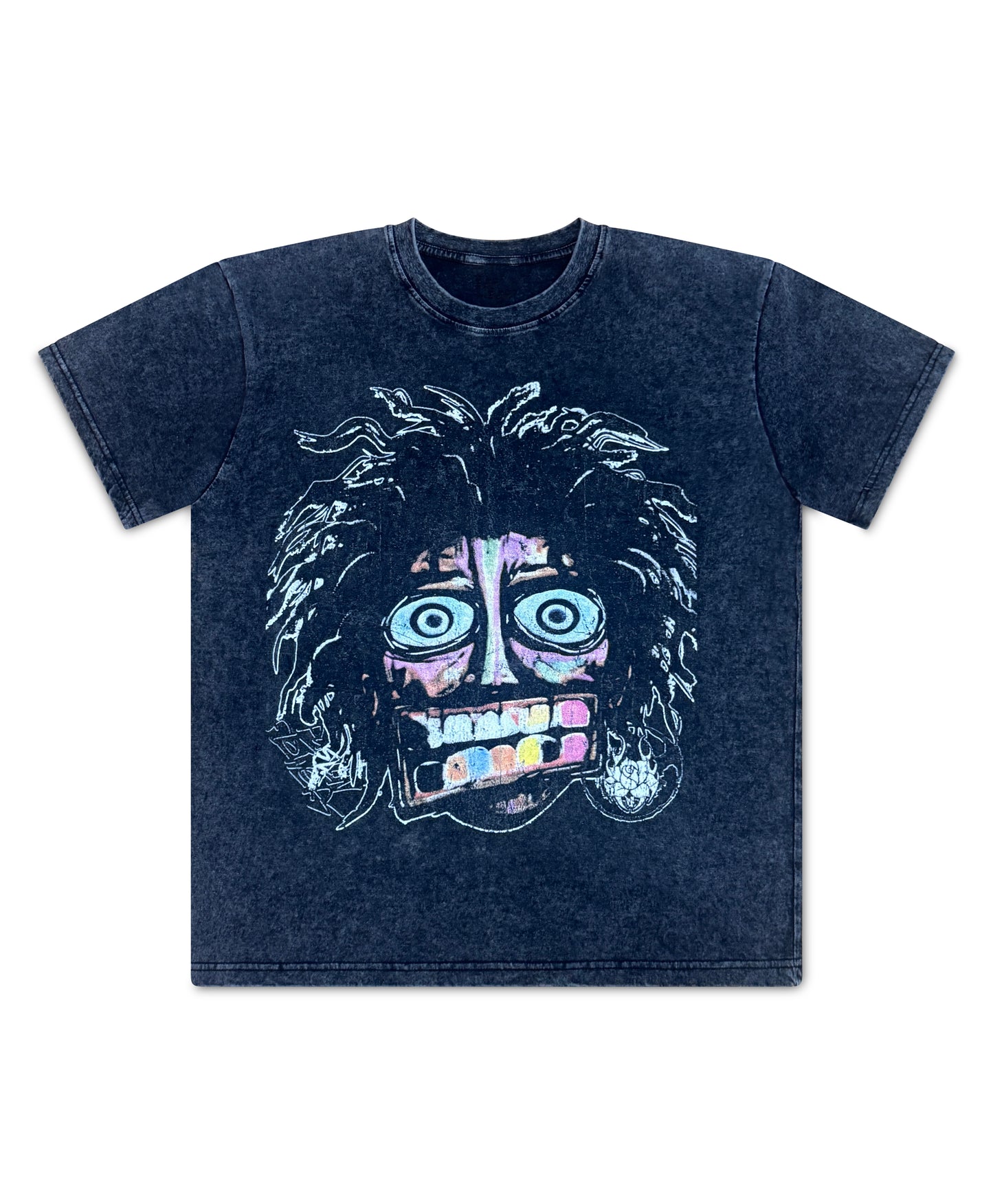 Pushin Flowers Crash Out tee in Acid Washed Black laid flat, showing the oversized boxy cut and garment-dyed wash