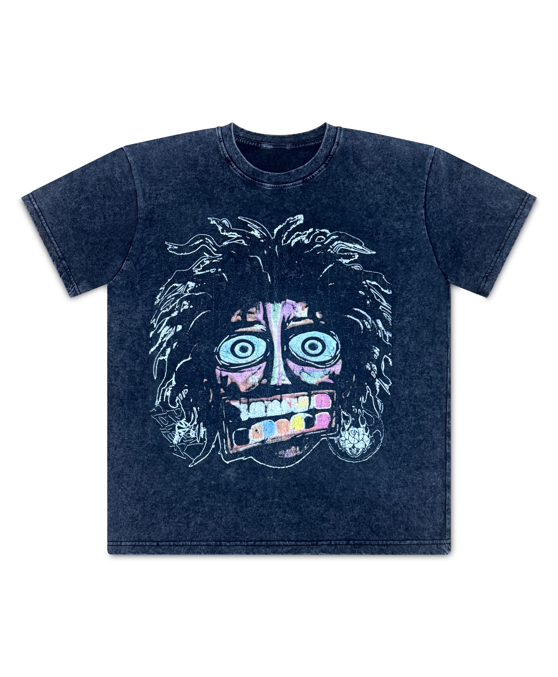 Pushin Flowers Crash Out tee in Acid Washed Black laid flat, showing the oversized boxy cut and garment-dyed wash