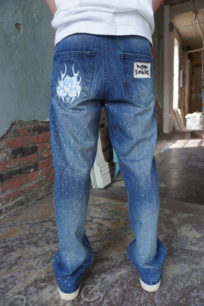 Pushin Flowers rhinestone patch denim jeans – PF statement streetwear, angled drop-shoulder fit