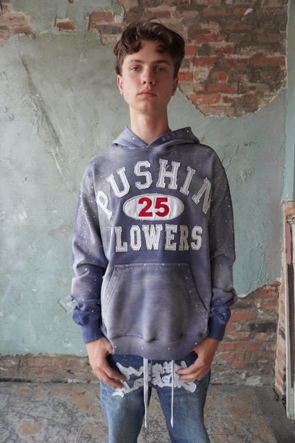 Pushin Flowers rhinestone patch hoodie – premium streetwear pullover, side view