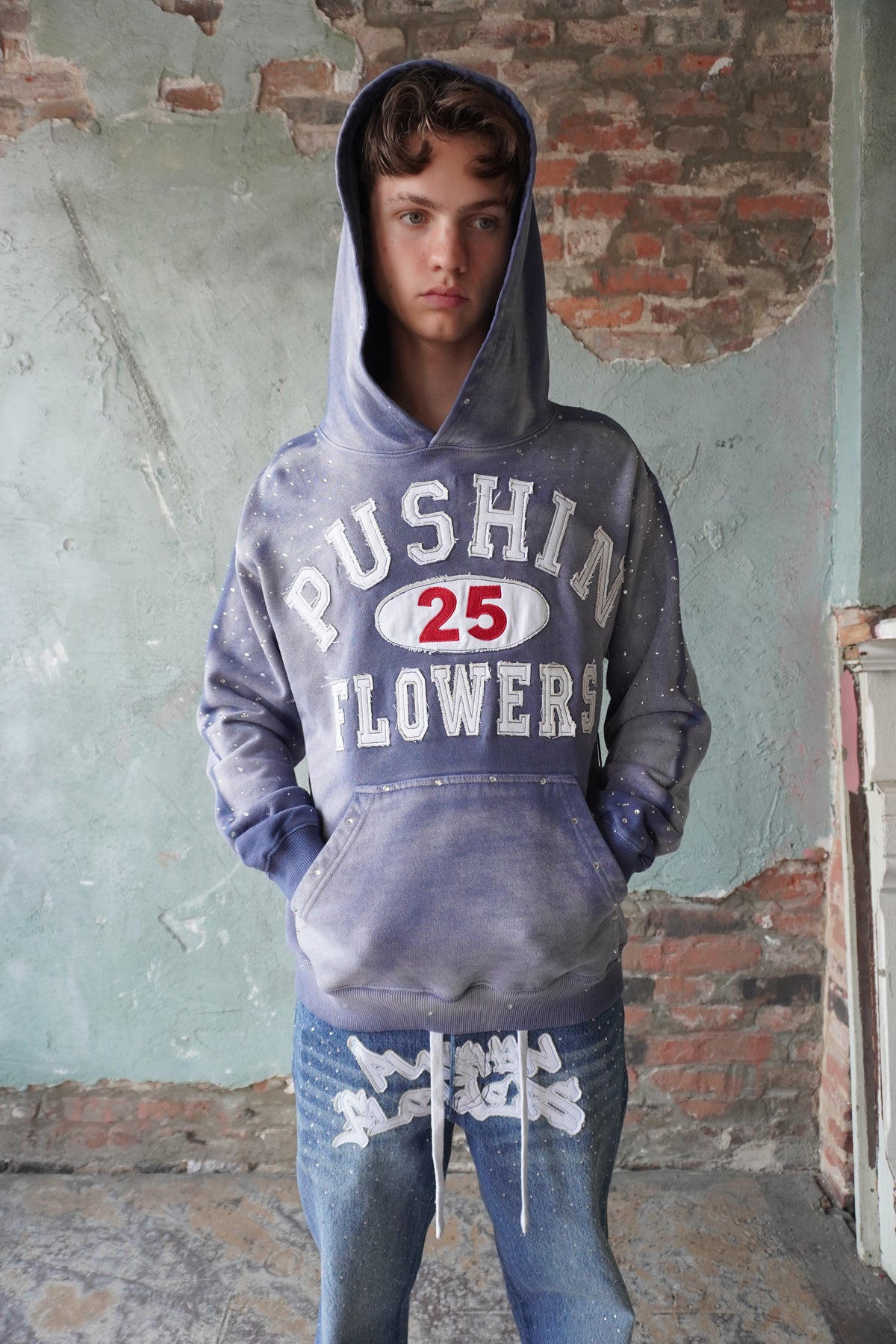 Pushin Flowers rhinestone patch hoodie – premium streetwear pullover, back graphic detail