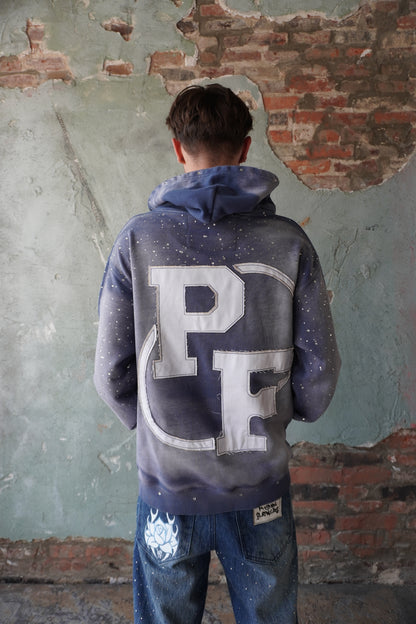 Pushin Flowers rhinestone patch hoodie – premium streetwear pullover, studio flat-lay