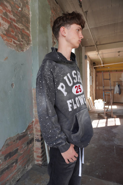 Pushin Flowers rhinestone patch hoodie – premium streetwear pullover, street styling shot