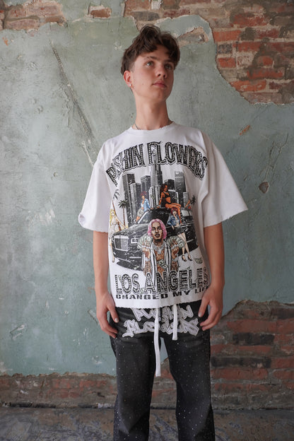 Pushin Flowers Los Angeles graphic tee – PF City Series streetwear, front view