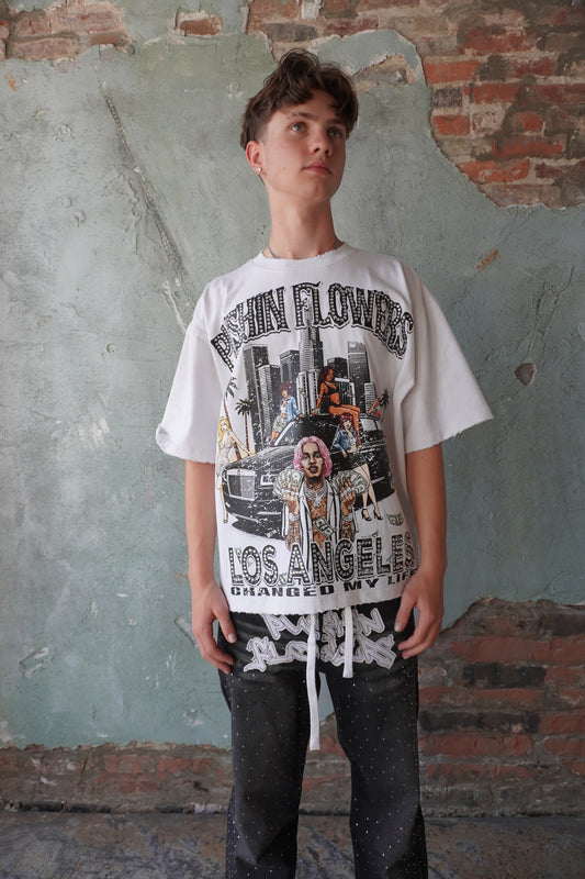 Pushin Flowers Los Angeles graphic tee – PF City Series streetwear, front view