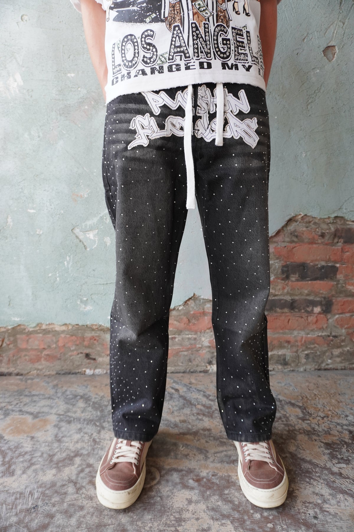 Pushin Flowers rhinestone patch denim jeans – PF statement streetwear, back graphic detail