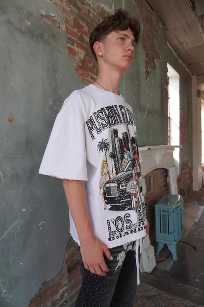 Pushin Flowers Los Angeles graphic tee – PF City Series streetwear, angled drop-shoulder fit