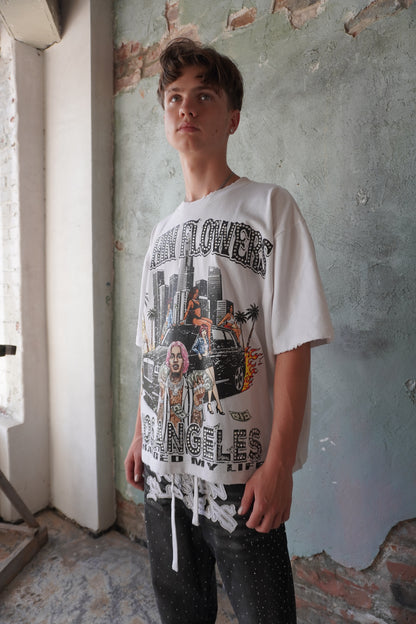 Pushin Flowers Los Angeles graphic tee – PF City Series streetwear, street styling shot