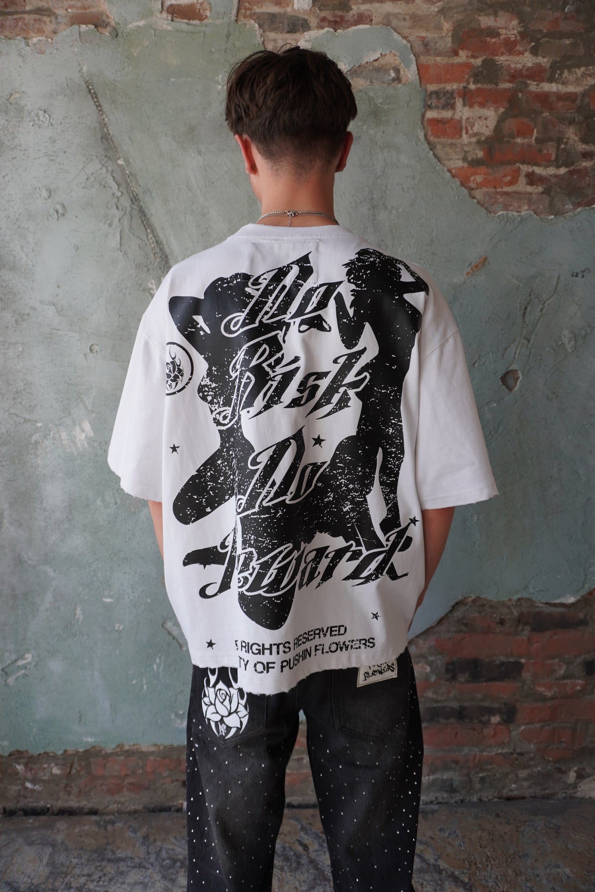 Pushin Flowers Los Angeles graphic tee – PF City Series streetwear, model wearing, full-length
