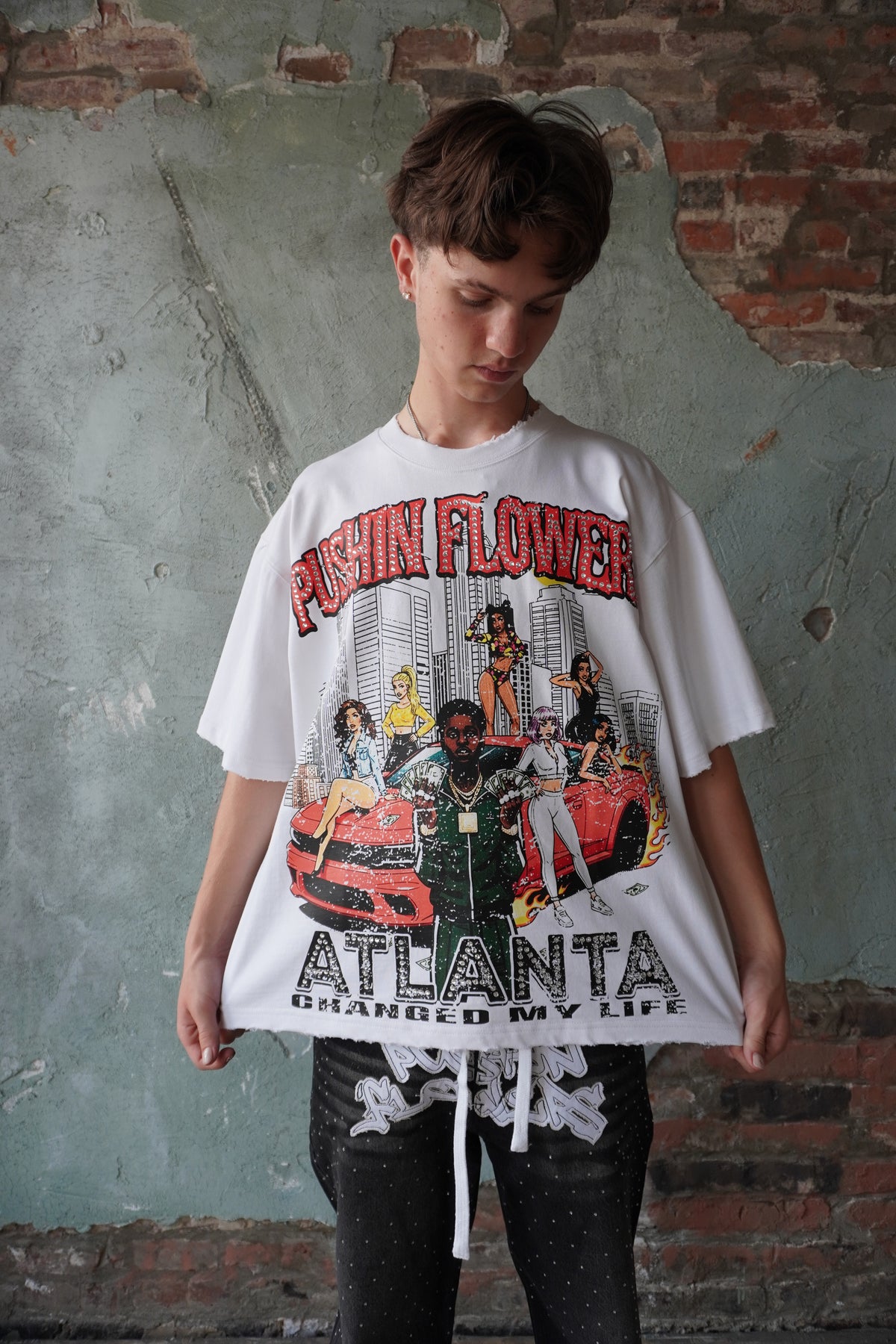 Pushin Flowers Atlanta graphic tee – PF City Series streetwear, model wearing, full-length