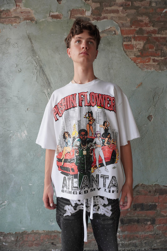 Pushin Flowers Atlanta graphic tee – PF City Series streetwear, front view