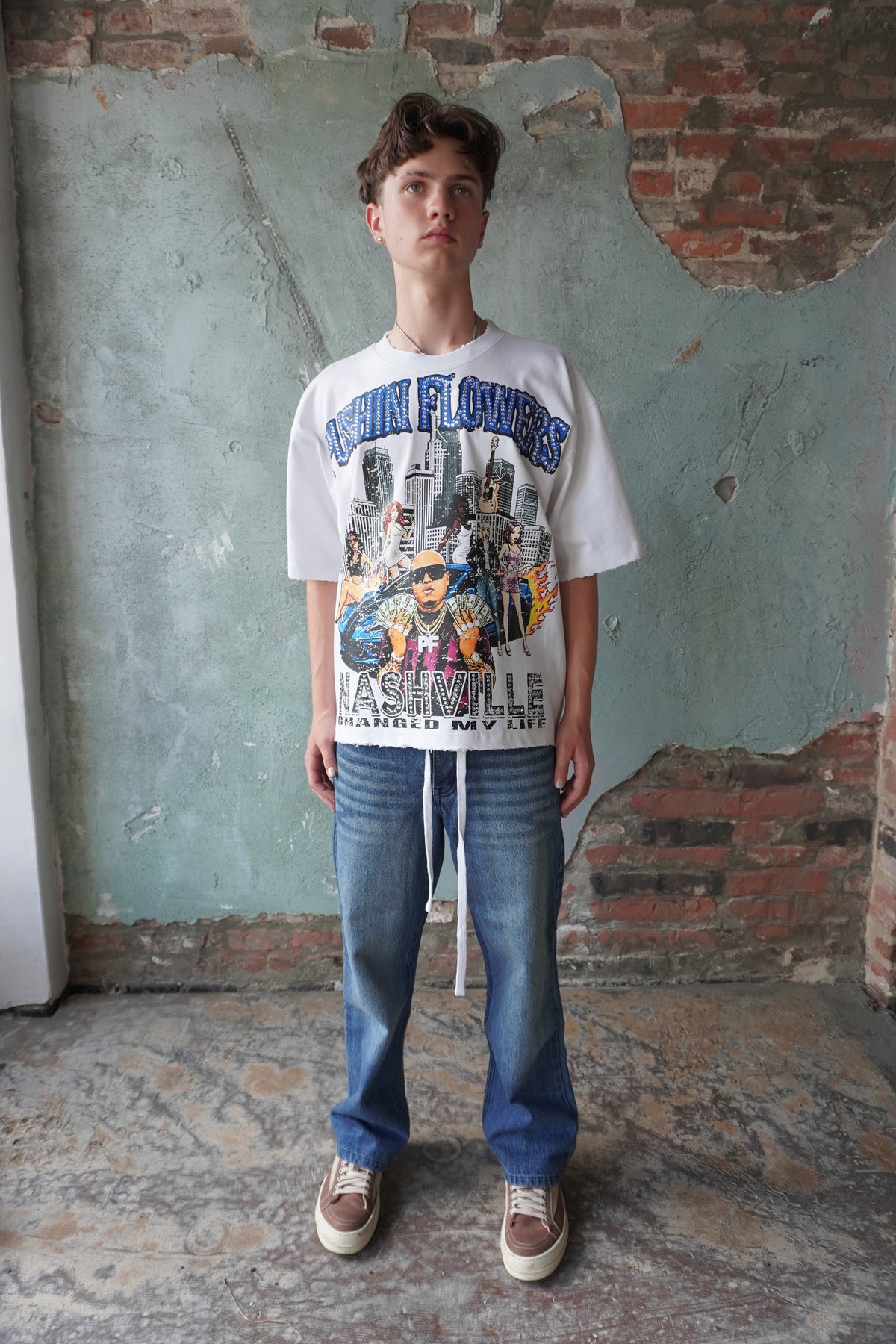 Pushin Flowers Nashville graphic tee – PF City Series streetwear, front view