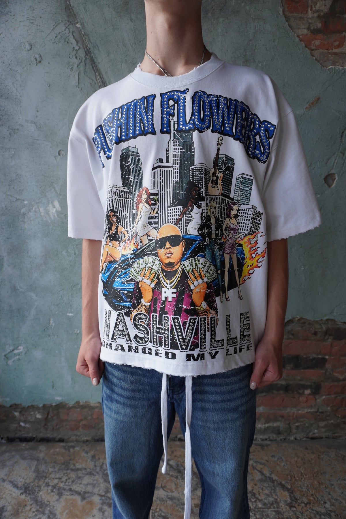 Pushin Flowers Nashville graphic tee – PF City Series streetwear, model wearing, full-length