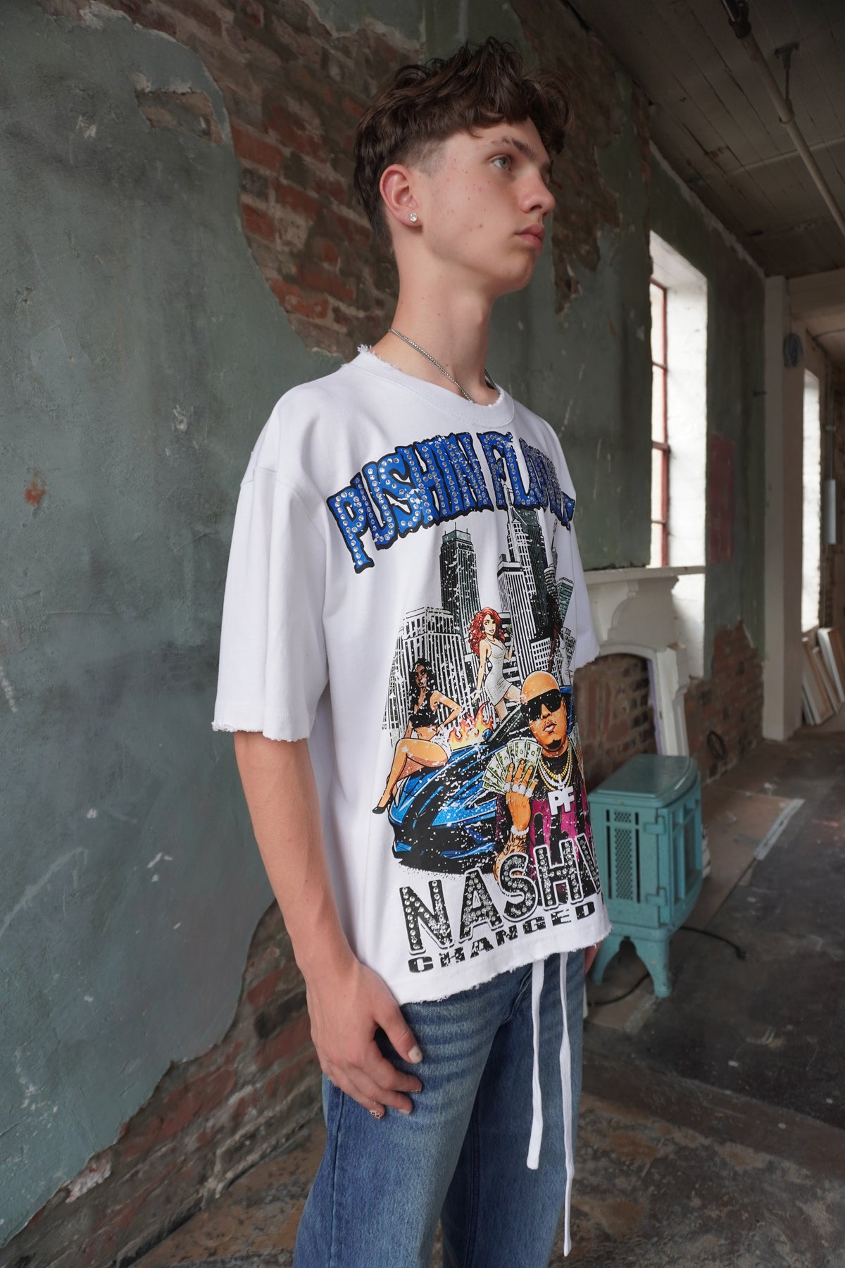 Pushin Flowers Nashville graphic tee – PF City Series streetwear, angled drop-shoulder fit