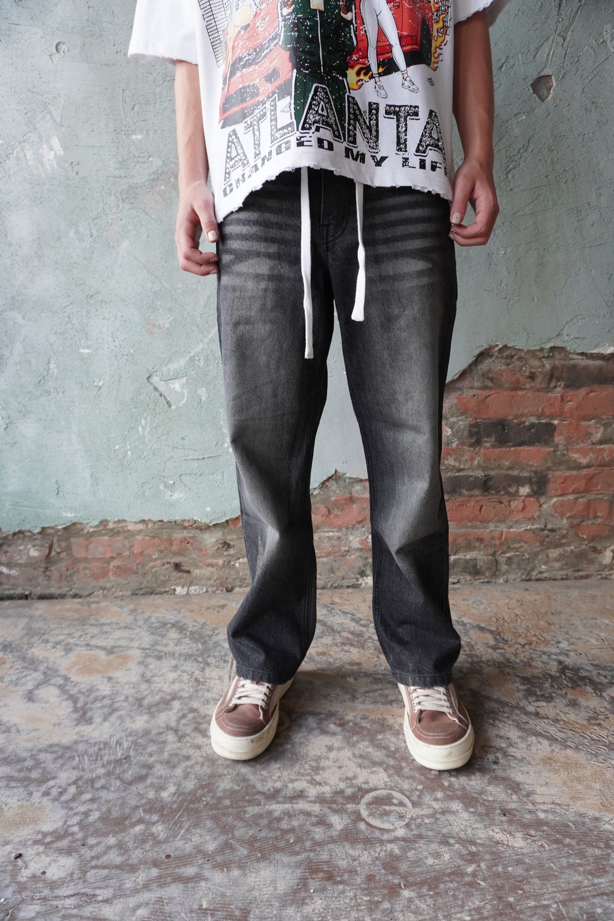 Pushin Flowers baggy denim jeans – PF embroidered streetwear denim, front view