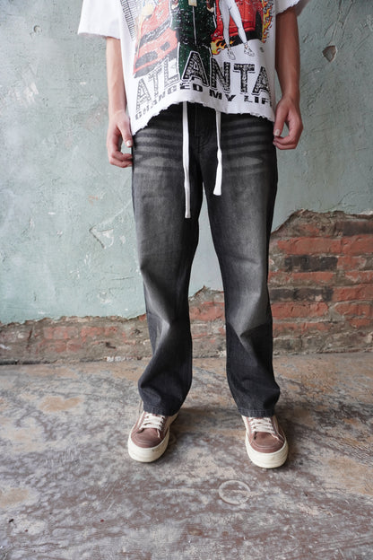 Pushin Flowers baggy denim jeans – PF embroidered streetwear denim, front view
