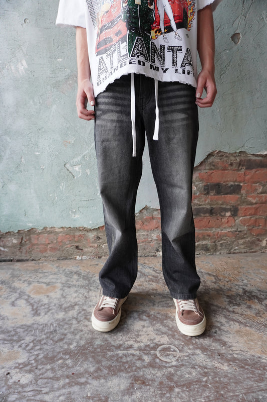 Pushin Flowers baggy denim jeans – PF embroidered streetwear denim, front view