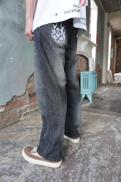 Pushin Flowers baggy denim jeans – PF embroidered streetwear denim, street styling shot