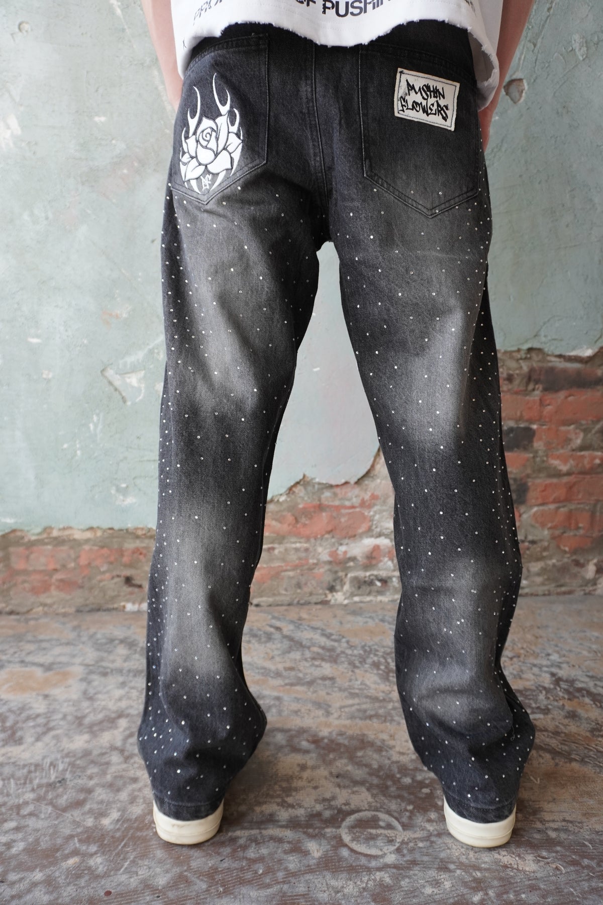 Pushin Flowers rhinestone patch denim jeans – PF statement streetwear, product view