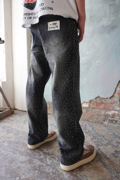 Pushin Flowers rhinestone patch denim jeans – PF statement streetwear, full outfit view