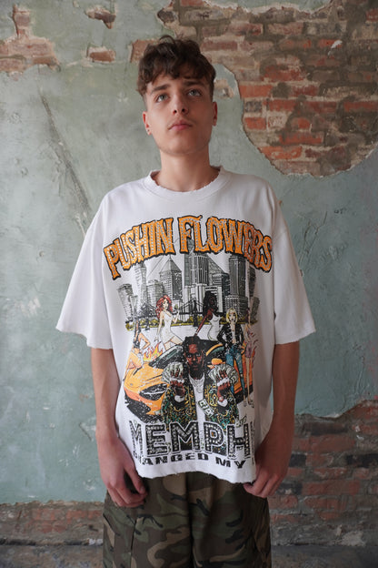 Pushin Flowers Memphis graphic tee – PF City Series streetwear, front view