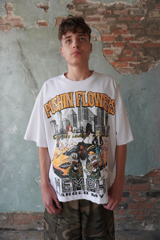 Pushin Flowers Memphis graphic tee – PF City Series streetwear, front view