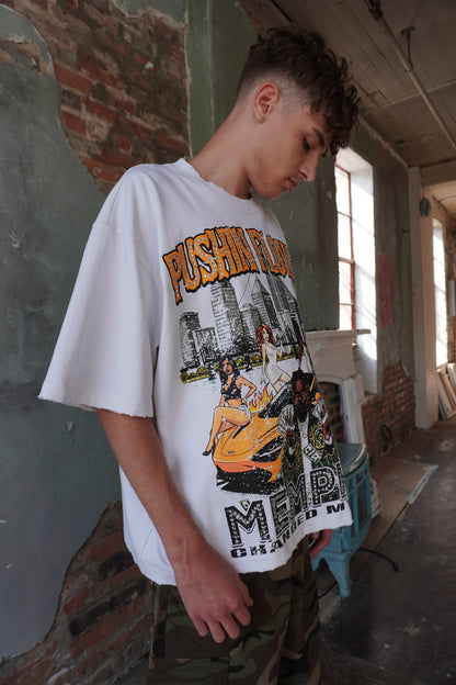 Pushin Flowers Memphis graphic tee – PF City Series streetwear, angled drop-shoulder fit