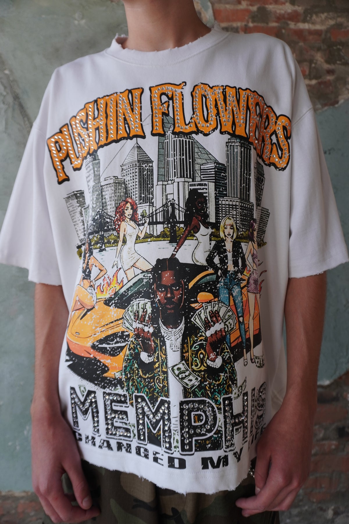 Pushin Flowers Memphis graphic tee – PF City Series streetwear, model wearing, full-length