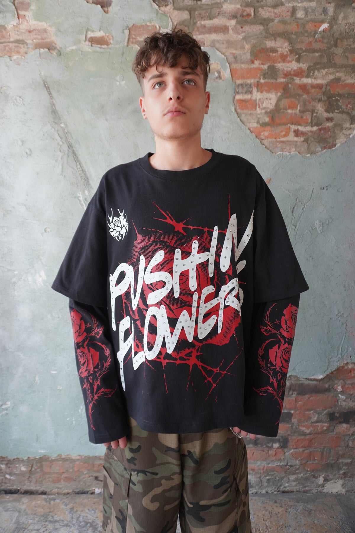 Pushin Flowers rose graphic long sleeve shirt – PF streetwear, close-up detail