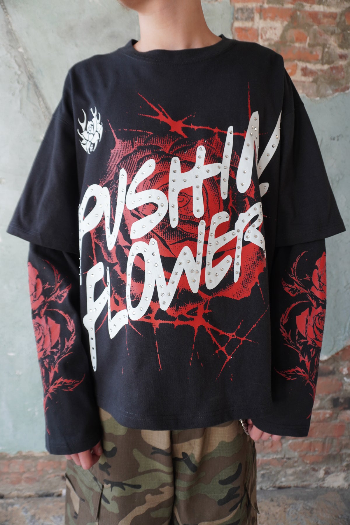 Pushin Flowers rose graphic long sleeve shirt – PF streetwear, side view