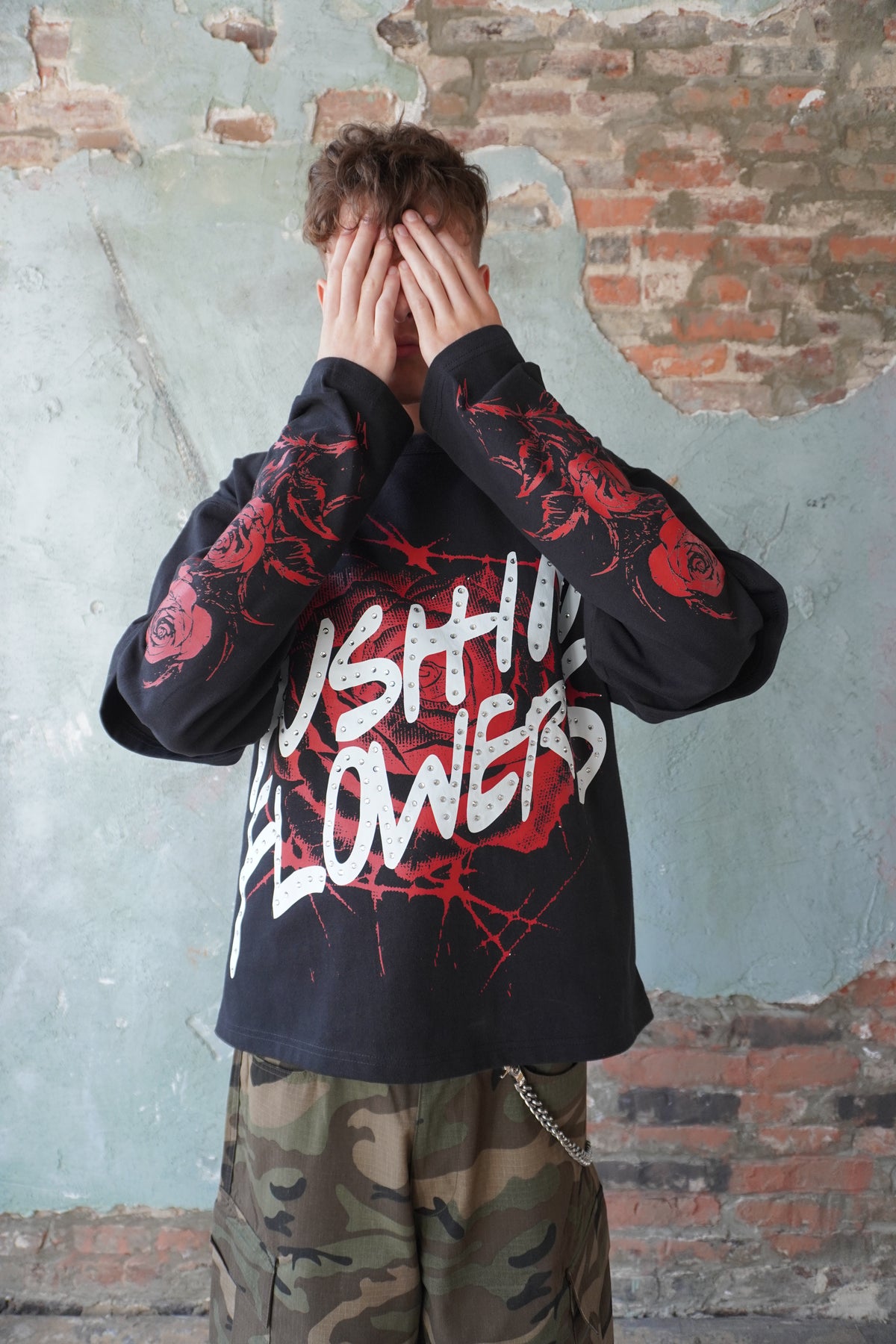 Pushin Flowers rose graphic long sleeve shirt – PF streetwear, full outfit view