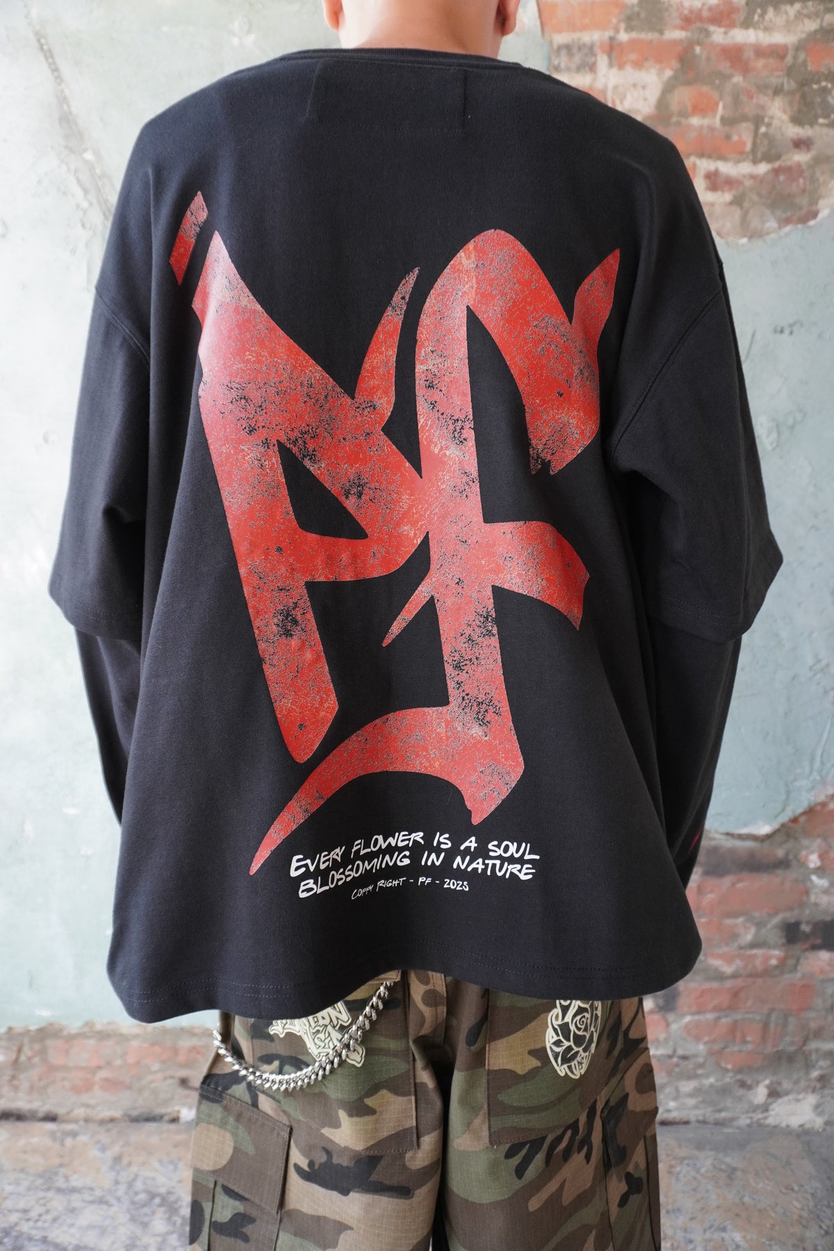 Pushin Flowers rose graphic long sleeve shirt – PF streetwear, product view