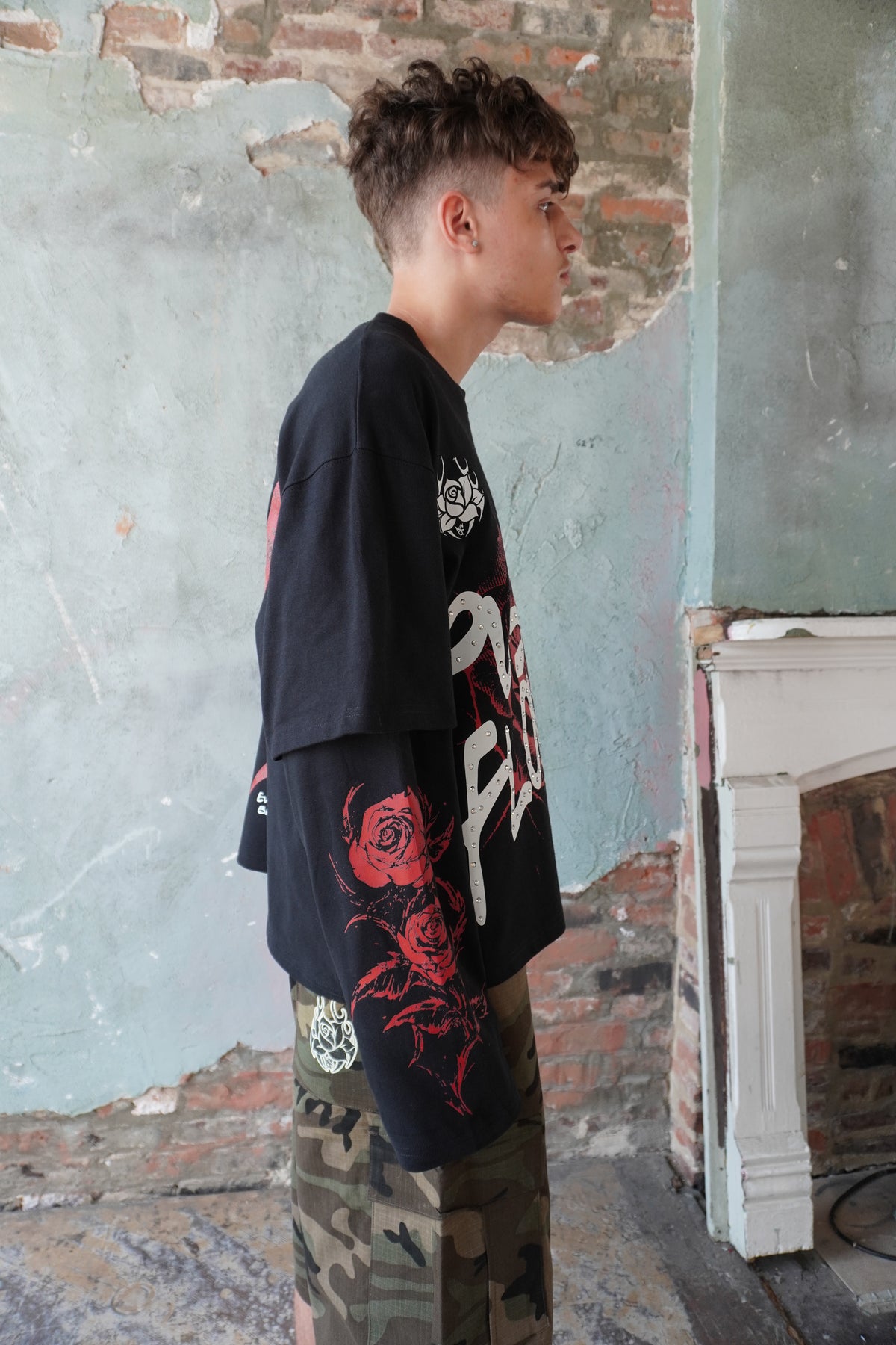 Pushin Flowers rose graphic long sleeve shirt – PF streetwear, studio flat-lay