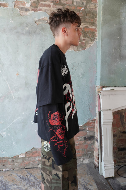 Pushin Flowers rose graphic long sleeve shirt – PF streetwear, studio flat-lay
