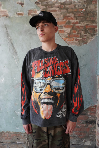 Pushin Flowers The Life graphic long sleeve shirt – PF streetwear, front view