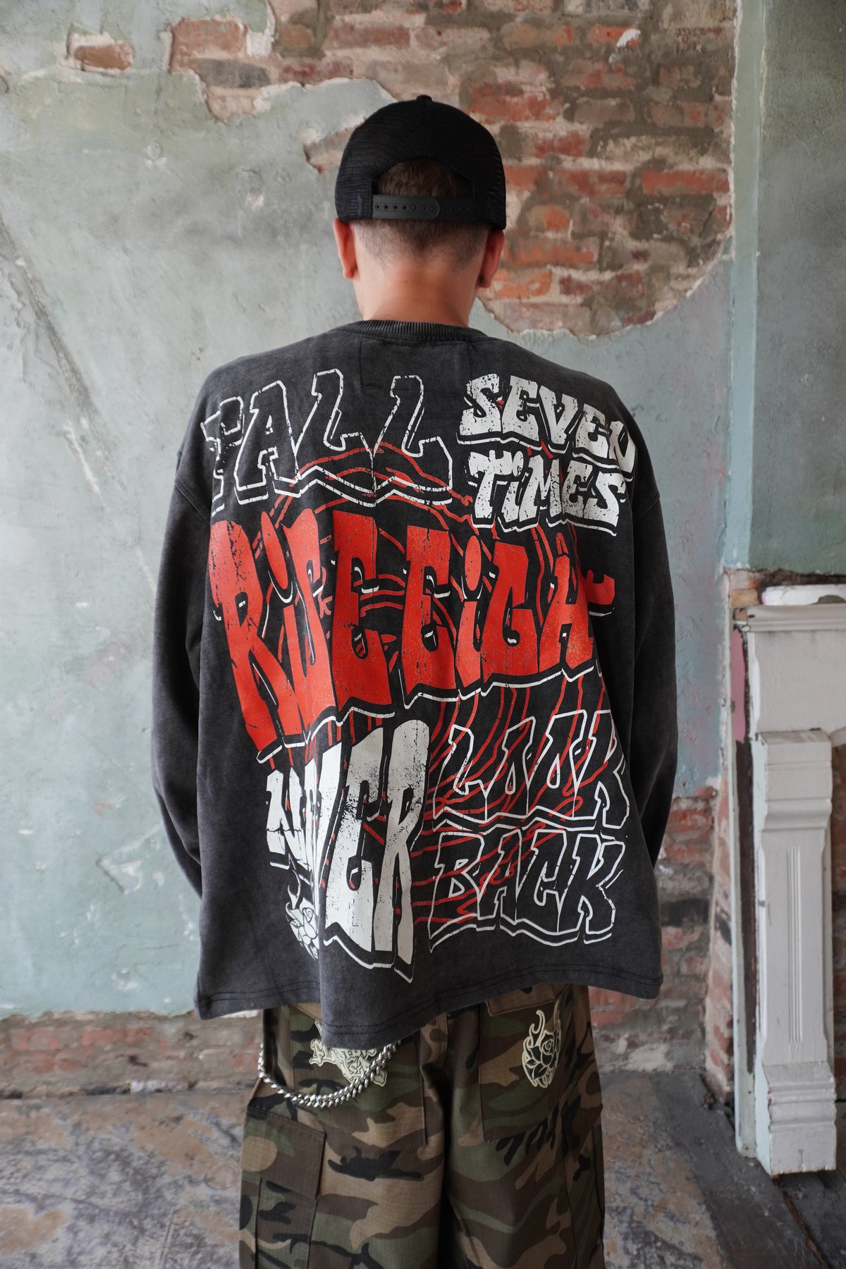 Pushin Flowers The Life graphic long sleeve shirt – PF streetwear, angled drop-shoulder fit