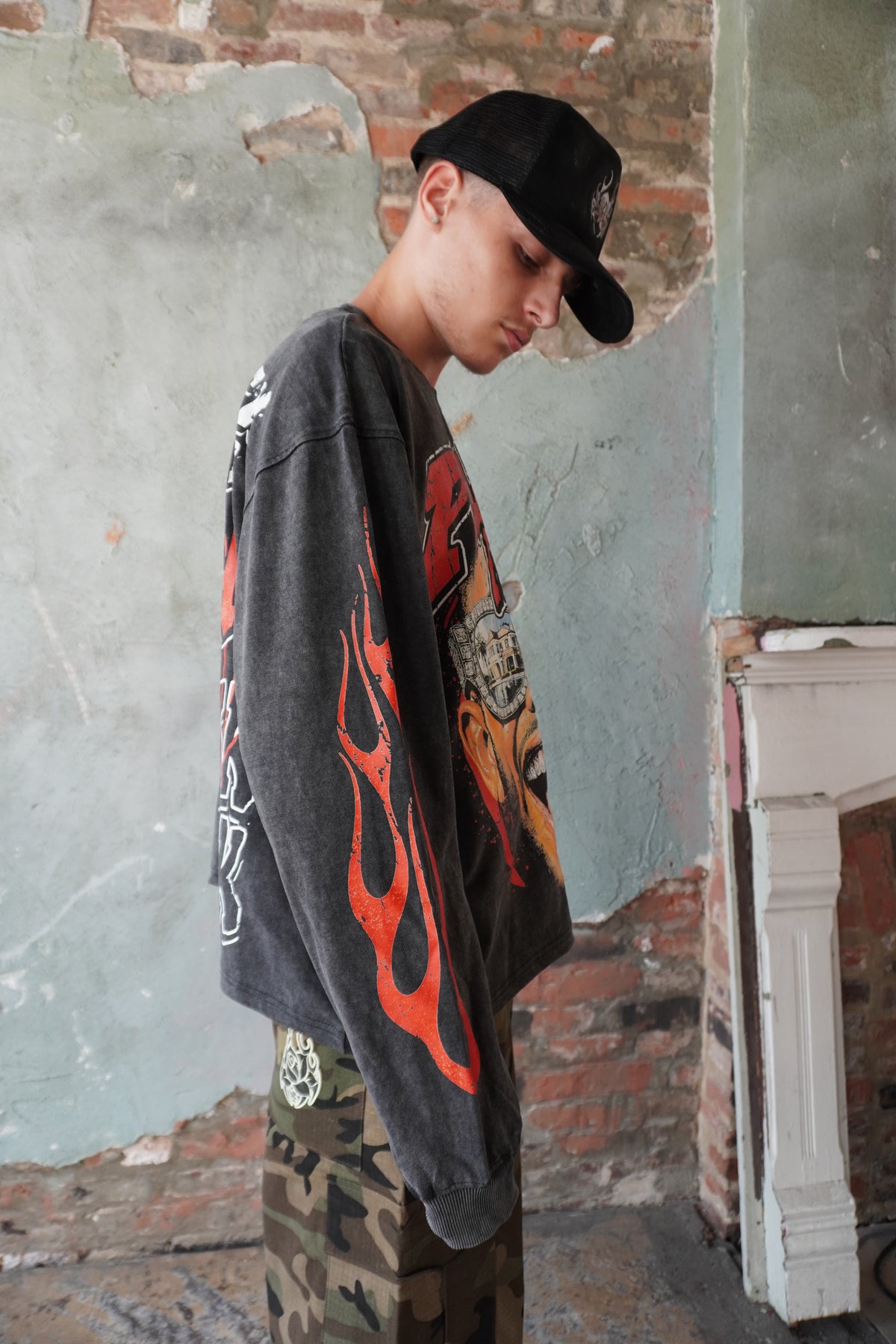 Pushin Flowers The Life graphic long sleeve shirt – PF streetwear, model wearing, full-length