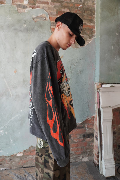 Pushin Flowers The Life graphic long sleeve shirt – PF streetwear, model wearing, full-length