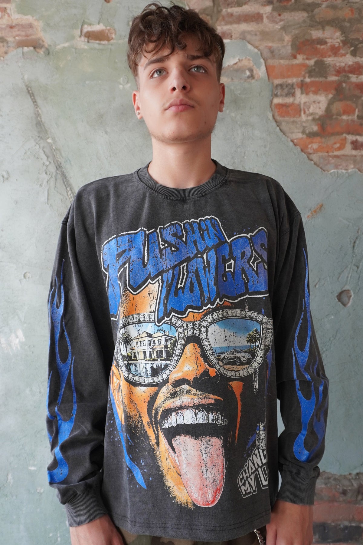 Pushin Flowers The Life graphic long sleeve shirt – PF streetwear, full outfit view