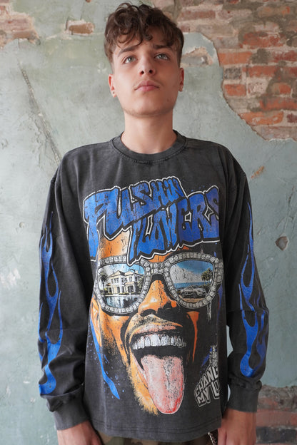 Pushin Flowers The Life graphic long sleeve shirt – PF streetwear, full outfit view