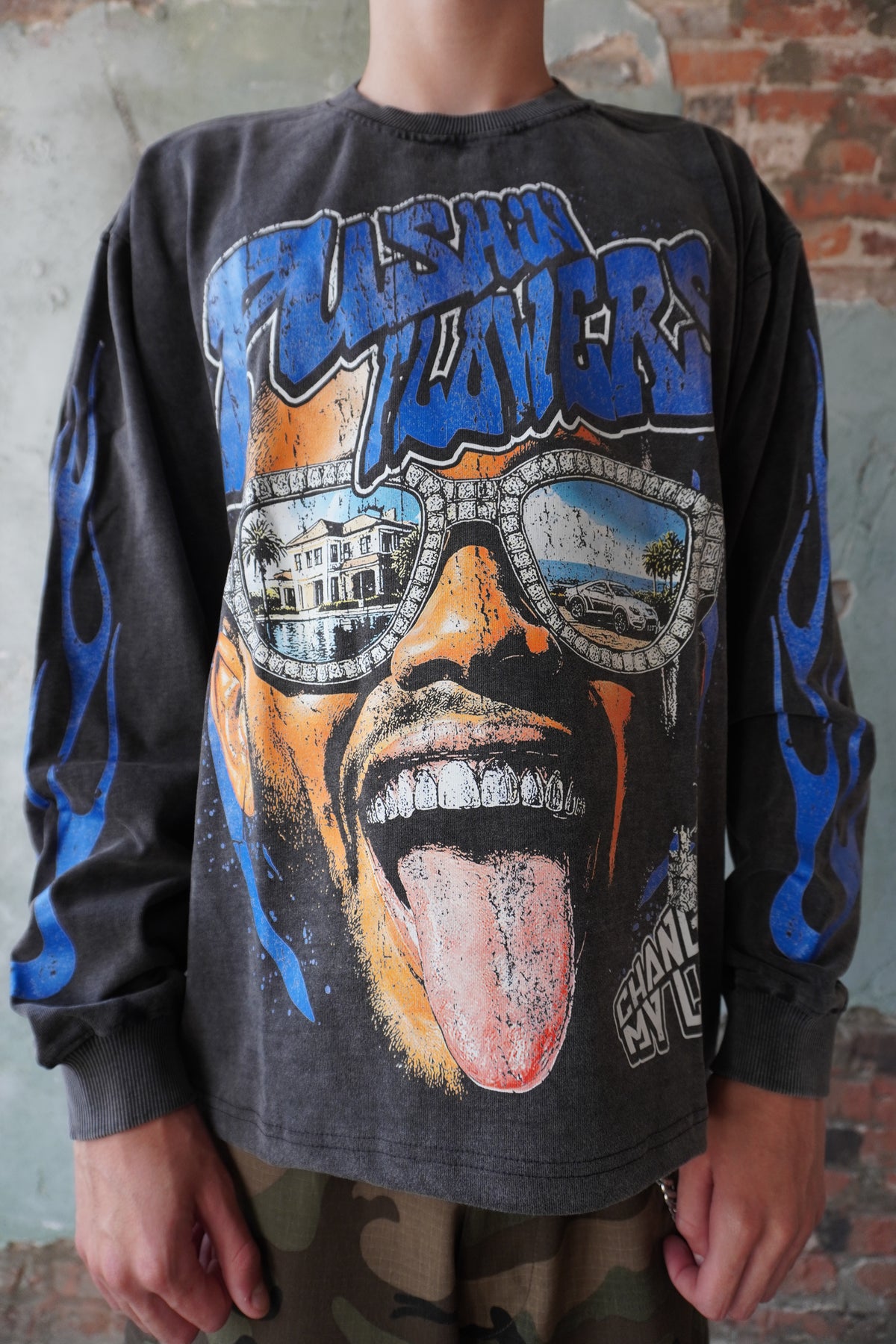 Pushin Flowers The Life graphic long sleeve shirt – PF streetwear, product view